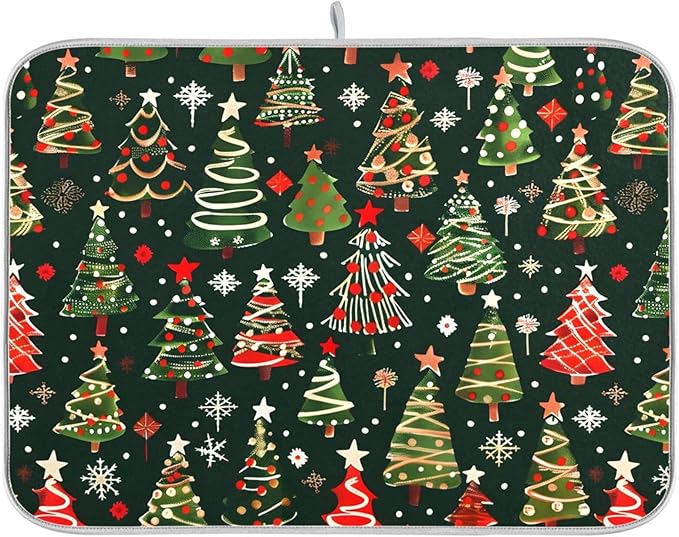 Christmas Tree Green Dish Drying Mat for Kitchen Counter Absorbent Microfiber Drying Pad, Medium 16x18 in