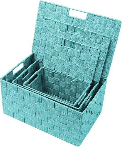 Sorbus Set of 3 Hand-Woven Storage Baskets with Lids – Decorative Wicker Organizers for Home, Closet, or Shelves (Aqua)