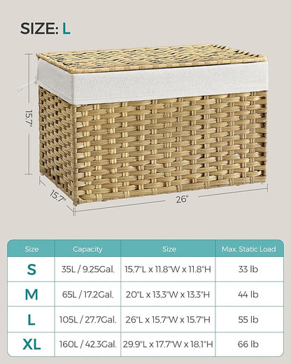 SONGMICS Storage Basket with Lid, Woven Blanket Storage Bin with Handles, Foldable, Removable Liner, Metal Frame, for Bedroom, Laundry Room, 27.7 Gallons (105 L), Natural URST066N01