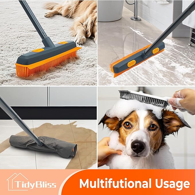 Pet Hair Removal Broom, 57.5 inches Rubber Brush Carpet Rake with Silicone Squeegee, Fur Remover Tool with Detailing Lint Comb for Cleaning Rug, Tile, Hardwood Floor (Gray Orange)