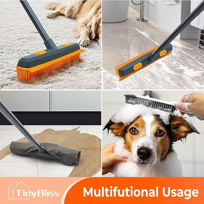 Pet Hair Removal Broom, 57.5 inches Rubber Brush Carpet Rake with Silicone Squeegee, Fur Remover Tool with Detailing Lint Comb for Cleaning Rug, Tile, Hardwood Floor (Gray Orange)