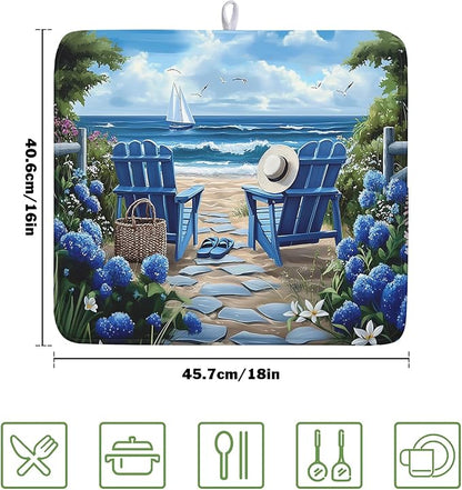 Summer Beach Chairs Dish Drying Mat Sea Wave Blue Floral Drying Mat fo Kitchen Counter 16”x18” Absorbent Reversible Kitchen Mat Non-Slip Ocean Themed Dish Drainer Rack Mat for Countertop Coffee Bar