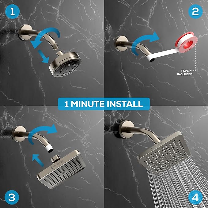 SparkPod Shower Head - High Pressure Rain - Premium Quality Luxury Design - Easy Clean Adjustable Replacement for Your Bathroom Shower Heads (Elegant Brushed Nickel, 8 Inch Square)