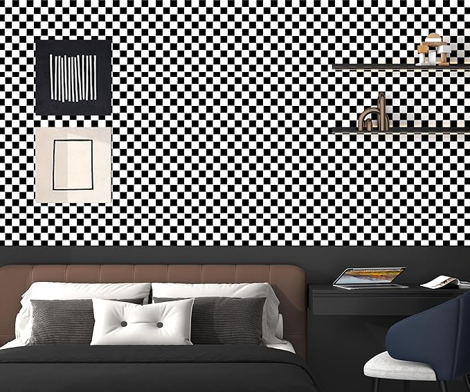 Modern Peel and Stick Wallpaper Black and White Mosaic Checkered Contact Paper 17.7"x591" Self Adhesive Lattice Wallpaper Removable Decorative Wallpapers for Bedroom Countertops Cabinet Vinyl Roll