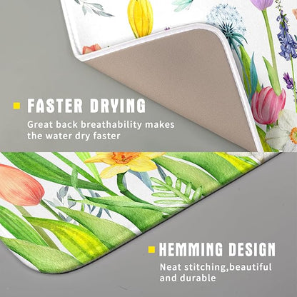 Aportt Spring Floral Dish Drying Pad with Absorbent Reversible Microfiber Watercolor Tulip Lavender Flower Drying Mats 16 x 18 Inch Dish Drainer Mat Fast Dry For Kitchen Dining Room