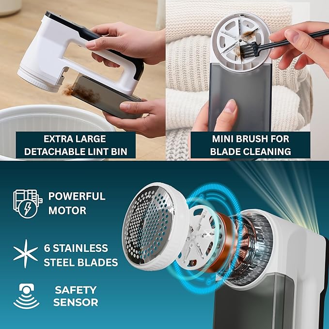 True & Tidy LED Turbo Fabric Shaver | Cordless Lint Remover with Digital Display & 3 Speeds – Perfect for Clothes, Couch & Furniture Defuzzing (White, Turbo)