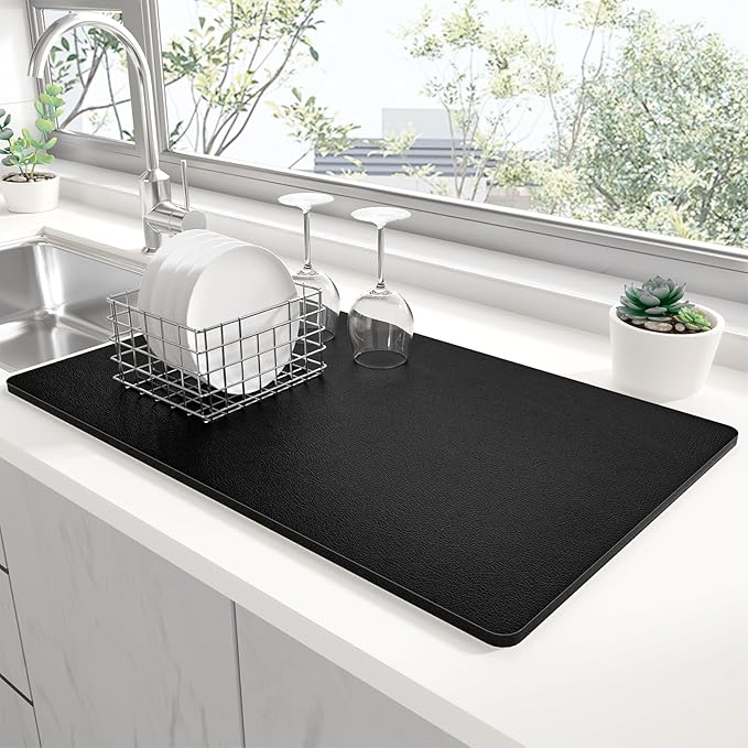 Rnivvi Dish Drying Mat for Kitchen Counter, XL 15 x 24" Super Absorbent Drainer Pad Easy Clean Dish Rack Pad, Non-Slip Heat Resistant Coffee Bar Mat for Coffee Machine Station Accessories Decor, Black