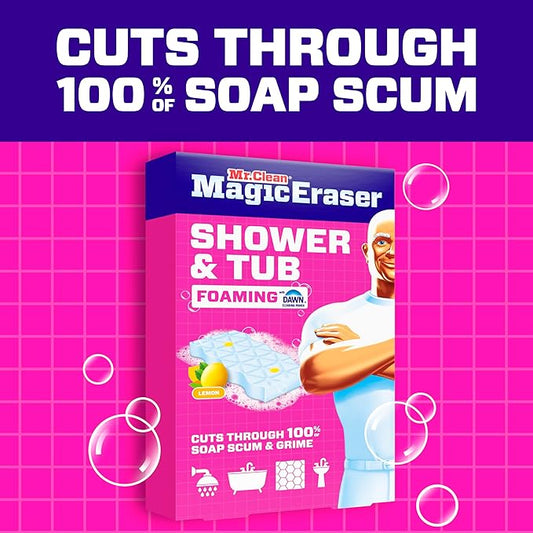Mr. Clean Magic Eraser Sponge, Bathroom, Shower, Tub Cleaner, Soap Scum Remover, Bathroom Cleaning Supplies, Dawn Cleaning Power with Lemon Scent, Shower & Tub, 8ct