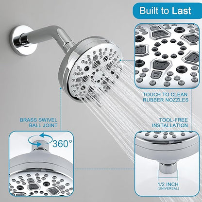 High Pressure Shower Head, 7-Spray Mode Adjustable Showerhead with 4-Inch Round Head, High Flow Handheld Shower for Low Water Pressure, Easy Install & Clean, Round Chrome