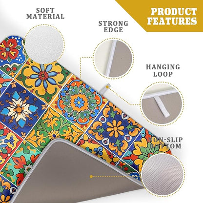 Mexican Tiles Dish Drying Mat for Kitchen Counter Absorbent Microfiber Dish Drying Pad Kitchen Gadgets Multi-use