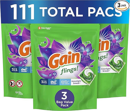Gain Flings! 3-in-1 Laundry Detergent Soap Pods, Moonlight Breeze Scent, 3 Bag Value Pack, 111 Count, HE Compatible, 37 Count (Pack of 3)