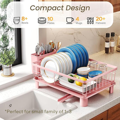 SNTD Dish Drying Rack - Small Dish Rack for Kitchen Counter, Stainless Steel Dish Drainer with Utensil Holder and Drainboard, 11" W x 15" L (Pink)