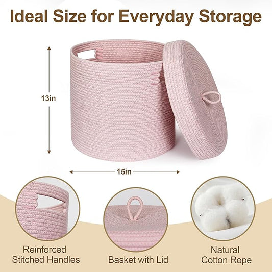 Storage Basket with Lid, Woven Blanket Storage for Living Room, Soft Cotton Rope Bin with Lid, Round Wicker Laundry Basket with Cover, Lidded Kid Dog Toy Box, Nursery Organizer, 15"x13", Pink