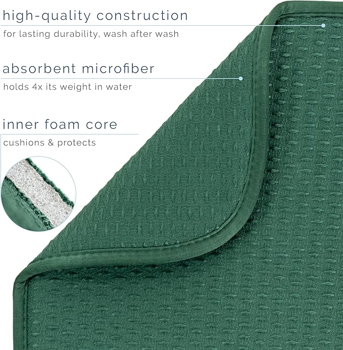 S&T INC. Dish Drying Mat, 16” x 18”, Absorbent Microfiber Kitchen Counter Mat, Drying Pad for Dishes, Utensils, Pots and Pans, Large, Diamond Texture, Emerald Green