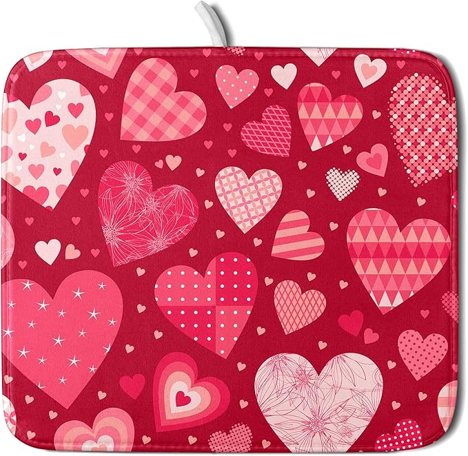 Valentine Day Love Heart Dish Drying Pad 16 x 18 Inch with Absorbent Reversible Microfiber Happy Valentines Pink Red Hearts Drying Mats For Kitchen Counter Dining Room Decoration