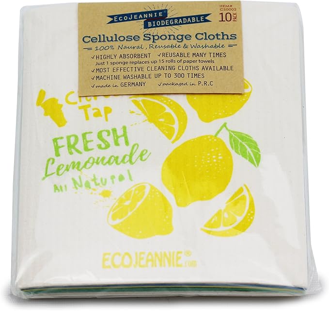 (10 Pack) Eco-Friendly Reusable German Cleaning Cloth 100% Biodegradable Cellulose Sponge Cloths, Kitchen Cloths, GMO-Free, Reusable - Made in Germany Packaged in P.R.C.