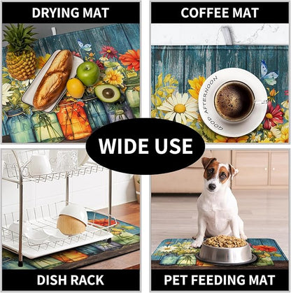 Daisy Dish Drying Mat for Kitchen Counter 16x18 Inch Rustic Vintage Flower Vases Drying Mats Microfiber Absorbent Dishes Drainer Mats Farmhouse Floral Wooden Board Dish Rack Pad