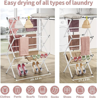 APEXCHASER Clothes Drying Rack Folding - 3 Tier Laundry Drying Rack for Clothes, Expandable Metal Clothing Dryer, Collapsible Towel Rack, Air Drying Rack, White