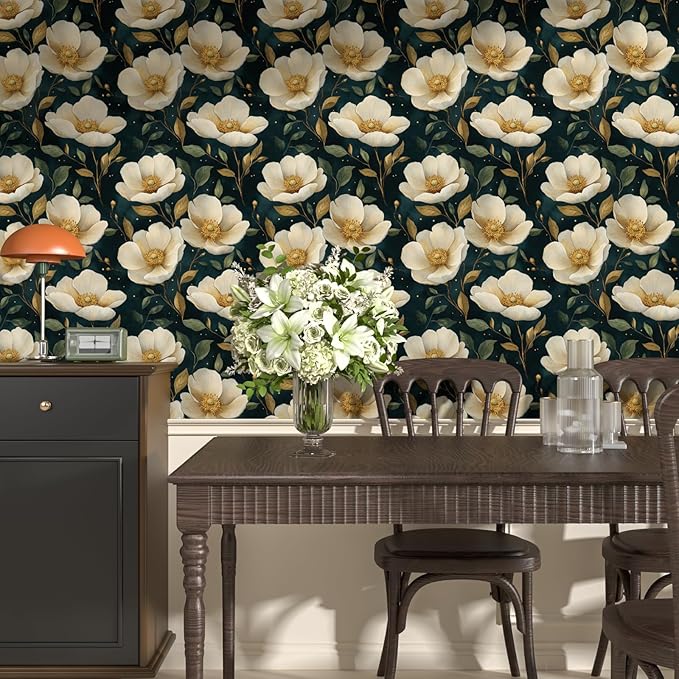 Fvlow Large Dark Floral Wallpaper Peel and Stick, White/Gold Flowers Contact Paper Waterproof Self-Adhesive Boho Wall Paper for Bedroom Countertop Desk Cabinets Decor 17.4" x 118" Renter Friendly