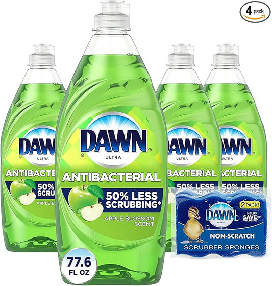 Dawn Dish Soap, Antibacterial Hand Soap, Dishwashing Liquid, Apple Blossom Scent,19.4 Oz, Pack Of 4 + 2 Sponges