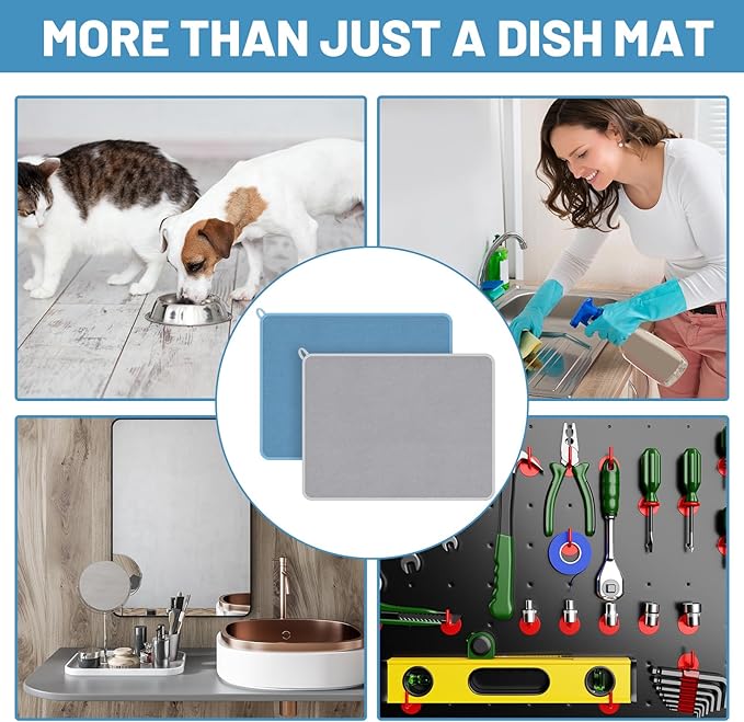 Hushee 2 Pack Extra Large Dish Drying Mat Microfiber Absorbent Dish Drying Pad Large Size Dishes Drainer Mats for Countertop, Sink, Refrigerator or Dryer (30 x 24 Inch,Blue, Gray)