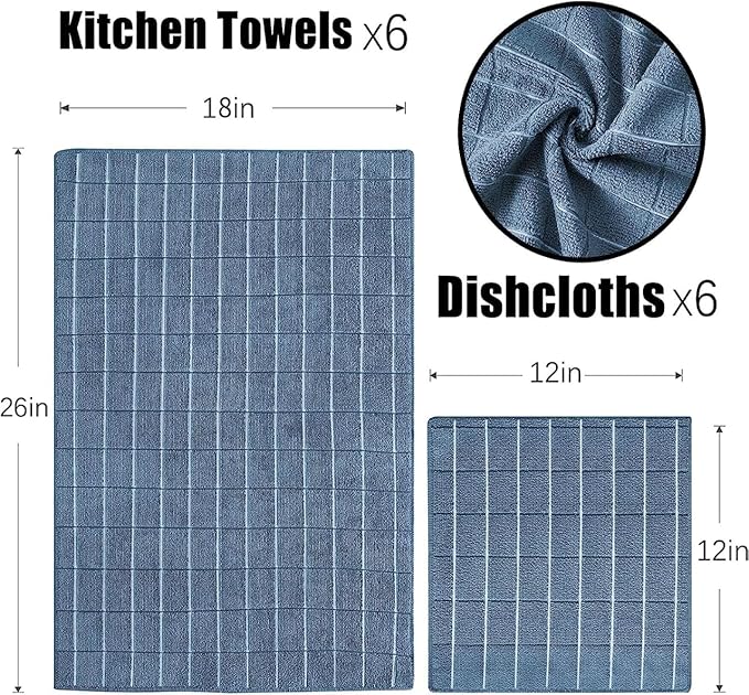 Microfiber Kitchen Towels and Dishcloths Set, 26 X 18 Inch and 12 X 12 Inch, Set of 12 Bulk Lint Free Dish Towels for Drying Dishes, Blue