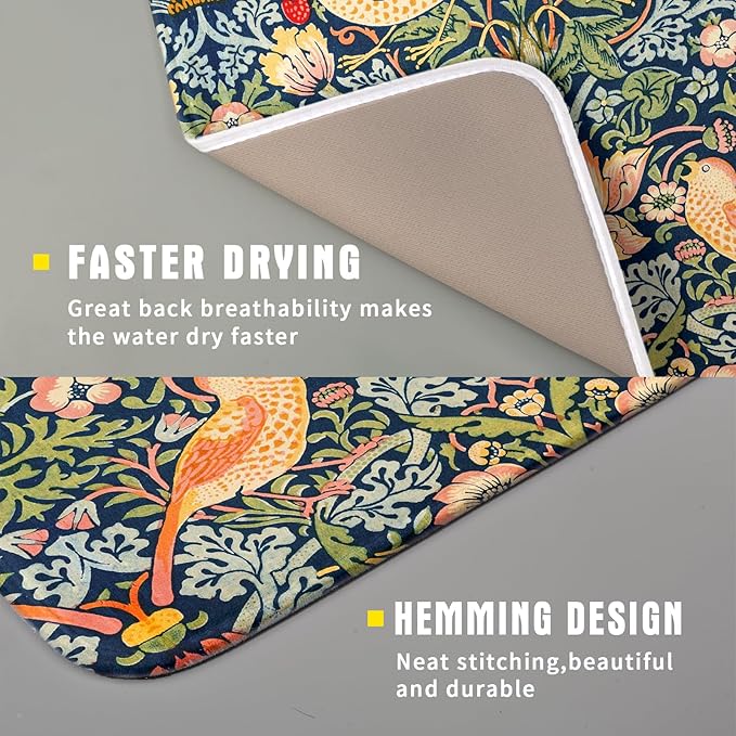 Navy Blue Sage Green Chinoiserie Dish Drying Pad 16 x 18 Inch With Absorbent Reversible Microfiber Vintage Strawberry Floral Bird Drying Mats Dish Drainer Mat Fast Dry For Kitchen