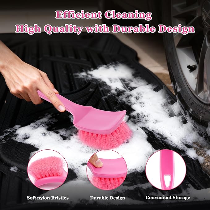 Pink Carpet Brush for Women, Soft Nylon Bristles for Cleaning Leather Seats and Soft, Scratch-Free Cleaning Brushes for Car, Home, Shower, Kitchen