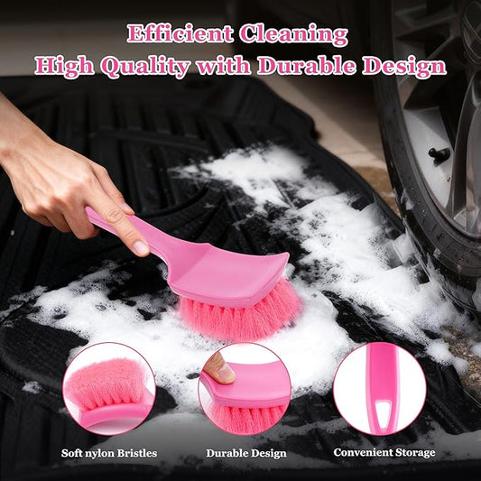 Pink Carpet Brush for Women, Soft Nylon Bristles for Cleaning Leather Seats and Soft, Scratch-Free Cleaning Brushes for Car, Home, Shower, Kitchen