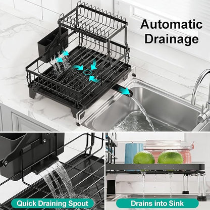 iSPECLE 2 Tier Dish Drying Rack for Kitchen Counter, Expandable Large Dish Drainer with Drainboard Set, Rust Resistant Dish Rack with Utensil & Cup Holder, 16.9" W x 14.4"-22.4" L, Black