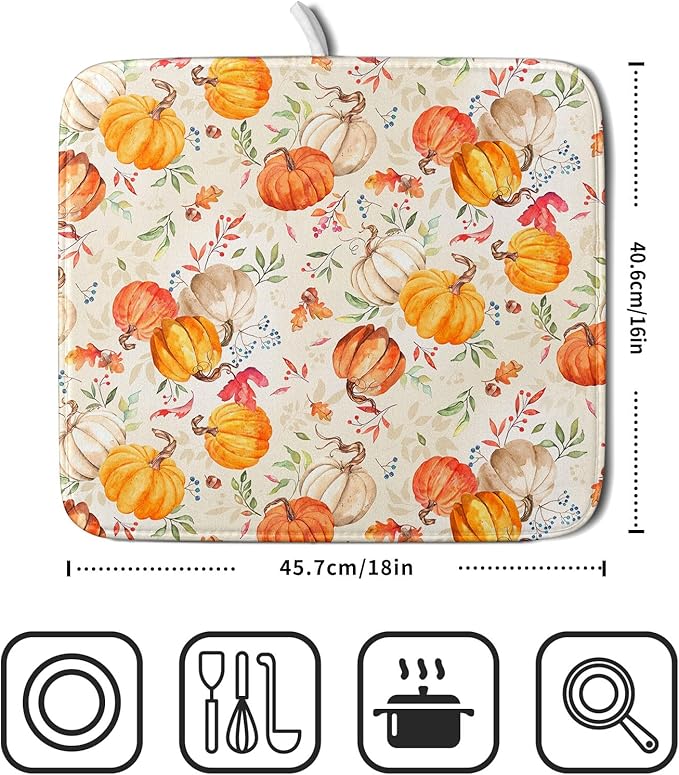 Autumn Fall Dish Drying Mat for Kitchen Counter Watercolor Pumpkin Maple Leaves Drying Mat 16 x 18 Inch with Absorbent Reversible Microfiber Dish Drying Pad Dish Rack Drainer Mat for Coffee Bar