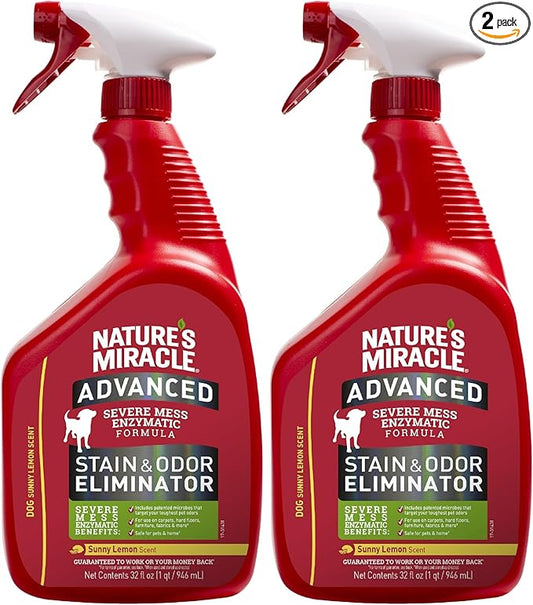Nature's Miracle Advanced Stain & Odor Eliminator,32 Ounces,Sunny Lemon Scent,Severe Mess Enzymatic Formula For Tough Pet Messes,(Pack of 2)