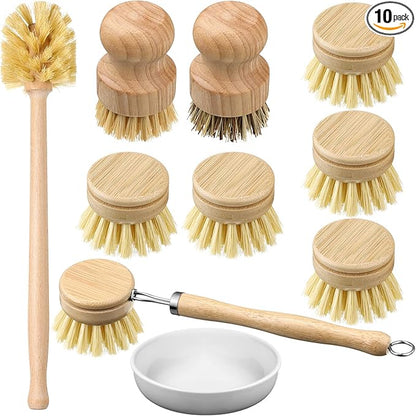 10 Pieces Wooden Dish Brush Set Bamboo Dish Brush Wood Bottle Brush with Replacement Heads for Dishes, Wide Mouth Bottles, Cups and Jars