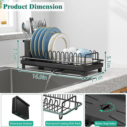 XYZLVSI Small Sink Dish Drying Rack with Drainboard, Compact Dish Drainer for Kitchen Countertop, Rustproof Plate Organizer with Utensil Holder, Black