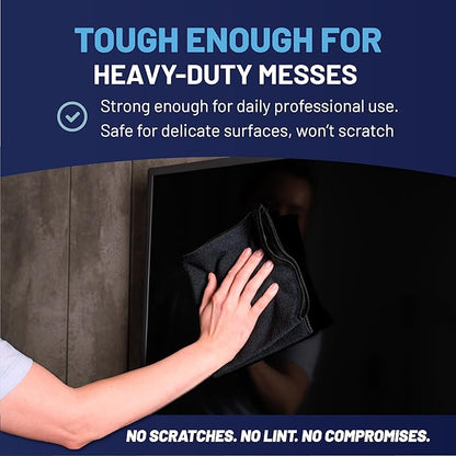 MW PRO Microfiber Cleaning Cloths Black (12 Pack, 12x12) - Commercial Janitorial Towels & Lint Free Rags - Heavy Duty for Auto Detailing, Glass Windows, Housekeeping & Screens - Washable 300+ Times