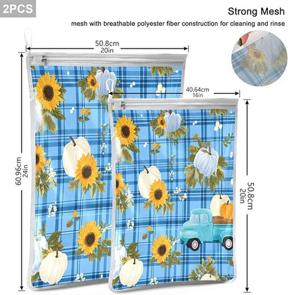 Mesh Laundry Bags Lingerie Bags for Washing Delicates 2 PCS Durable Wash Bag with Zipper Small and Medium Washable Blue Plaid Sunflower Pumpkin