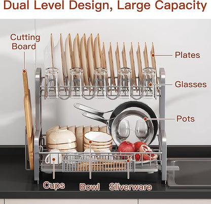 2 Tier Dish Drainer Drying Rack for Kitchen Counter Large Stainless Steel Dishes Drain with Drainboard Set, Space Saving, Big Modern Black Countertop Metal Plate Dryer Strainer Holder and Extra Tray