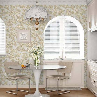 Ismoon Floral Wallpaper Peel and Stick Vintage Flower Beige and Gold Contact Paper for Cabinet Textured Removable Self Adhesive Vinyl Wallpaper for Bedroom 17.3x393in