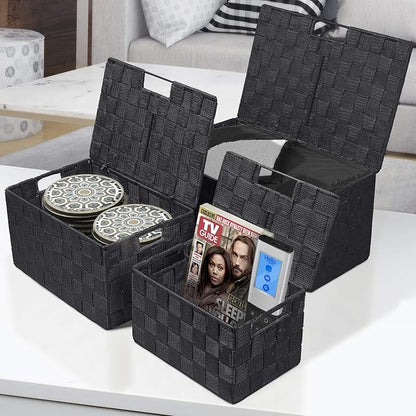 Sorbus Set of 3 Black Woven Storage Baskets with Lids – Mesh Hand-Woven Bins for Closet, Shelf, and Linen Organization – Variety Pack
