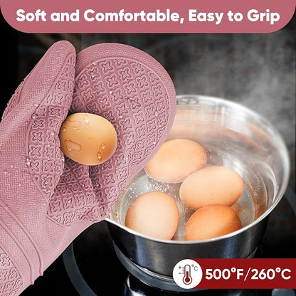 Silicone Oven Mitts, Heat Resistant Oven Gloves with Quilted Liner, Waterproof & Non-Slip Kitchen Mittens for Baking Cooking BBQ, 500°F, 12.5"-Rose Pink