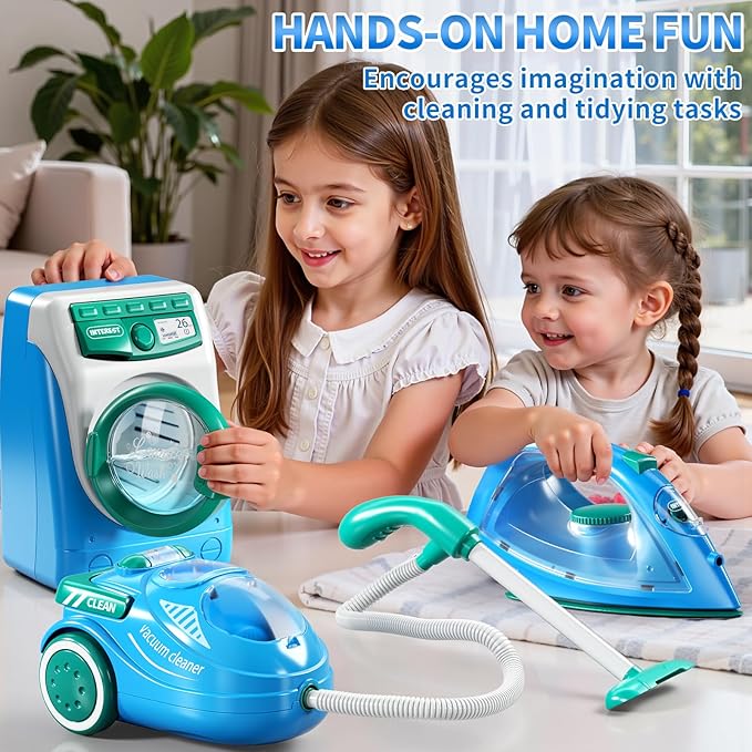 Toy Cleaning Set for Toddlers 1-3, Kids Cleaning Toy with Toddler Vacuum Cleaner, Toy Washing Machine, Small Iron, Light and Sound, Pretend Play Birthday Gifts for 3 4 5 6 7 8 Year Old Girl