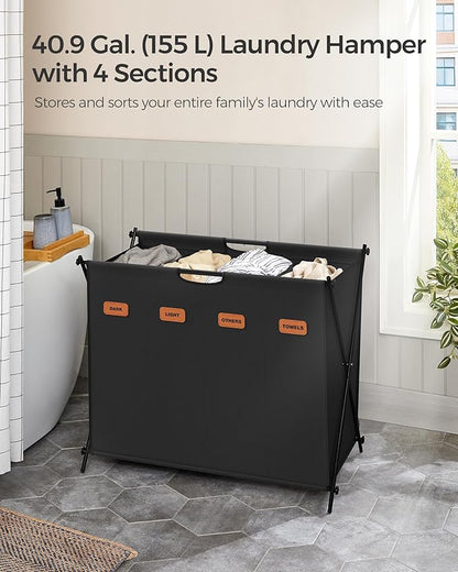 SONGMICS Laundry Hamper, Laundry Basket, 40.9 Gal. Laundry Sorter 4 Sections, Collapsible X-Frame, Clothes Organizer with Customizable Labels, Laundry Room, Bedroom, Bathroom, Ink Black ULCB140B01
