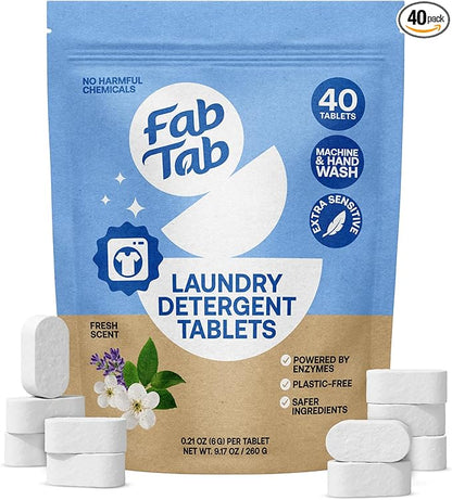 Fab Tab Laundry Detergent Tablets, Clean Ingredients, Sensitive Skin Friendly, Powerful & Gentle Clean, Fresh Scent, Plastic-Free Alternative to Liquids, Laundry Pods and Sheets, 40 Count.
