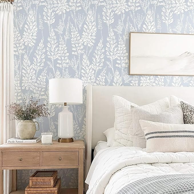 Ismoon Floral Peel and Stick Wallpaper Boho Blue Contact Paper 17.3'' x 393'' Neutral Wallpaper Renter Friendly Removable Self-Adhesive Wall Paper for Bedroom Kitchen Wall Decor Vinyl