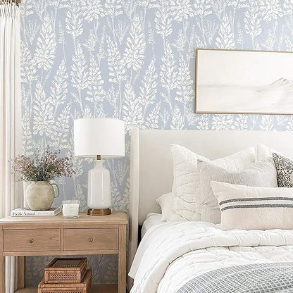 Ismoon Floral Peel and Stick Wallpaper Boho Blue Contact Paper 17.3'' x 78.7'' Neutral Wallpaper Renter Friendly Removable Self-Adhesive Wall Paper for Bedroom Kitchen Wall Decor Vinyl