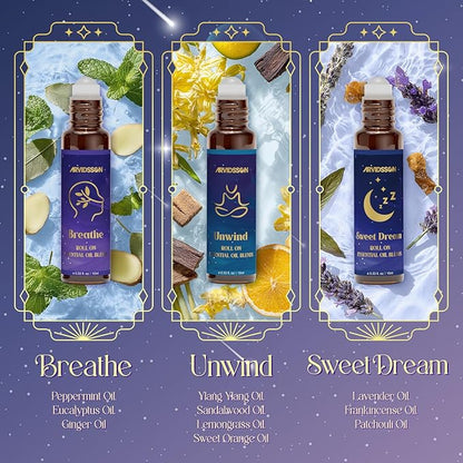 ARVIDSSON Essential Oils Roll On Set, Natural Self Care Essential Oil Blends Gift for Women - Sweet Dream, Unwind, Breahte, Balance, Focus, Happy, Aromatherapy Oil Roller for Body, Massage