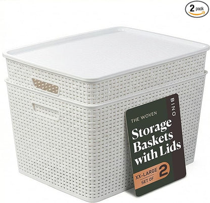 BINO | Plastic Storage Baskets with Lids, 45 Liter - 3 Pack, White | THE WOVEN COLLECTION | Storage Basket for Shelves | Woven Storage Baskets for Organizing Bins Pantry Shelf Organizer Container Bin
