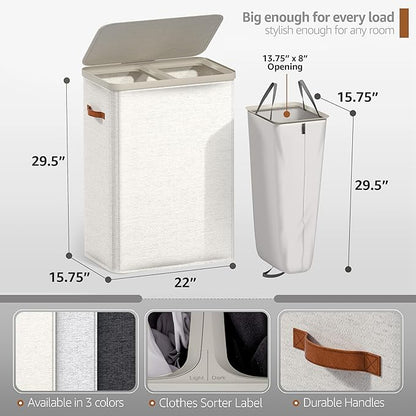 Sorbus Laundry Hamper with Lid - Collapsible 2-Compartment Fabric Laundry Basket with Handles and Removable Laundry Bag – 45 Gallon (170 L) Dirty Clothes Hamper for Bedroom, bathroom and dorm (Beige)