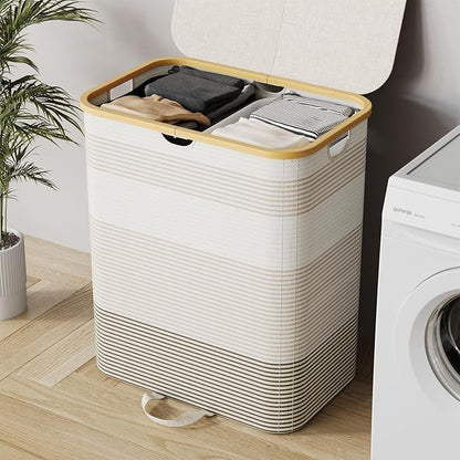 Double Laundry Hamper with Lid and Removable Bags, 150L Large Collapsible 2 Dividers Dirty Clothes Basket with Handles, Beige Double Laundry Basket Organizer for Bedroom,Laundry Room,College