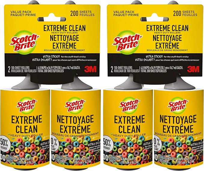 Scotch-Brite Extreme Clean Lint Roller, 50% Stickier, Heavy Duty Pet Hair and Debris Remover, 4 in x 54.9 ft Each, 4 Pack, 400 Easy Tear Sheets Total